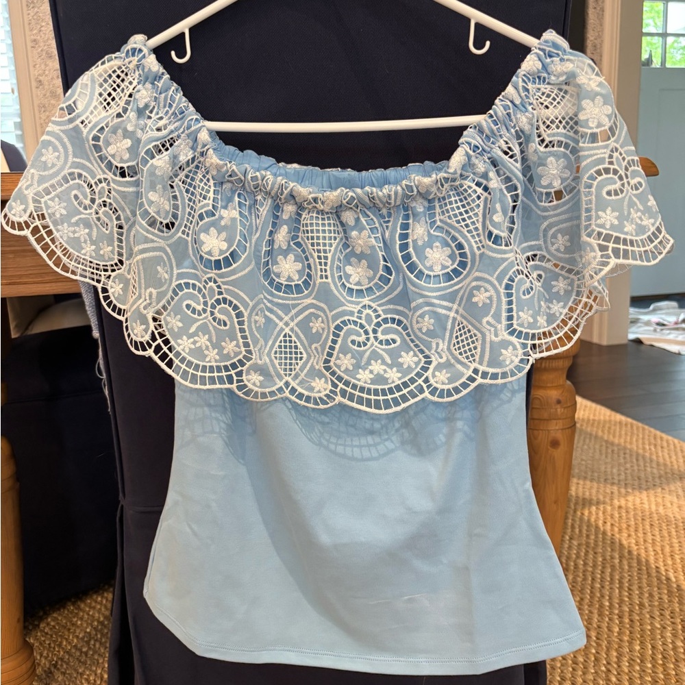 Boston Proper Blue Sleeveless Ruffled Blouse